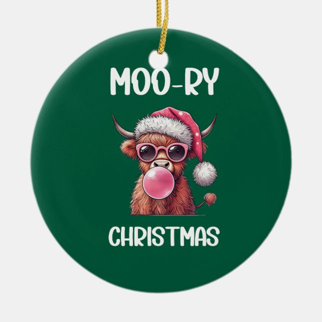 Moo-ry Christmas Scottish Higland Cow Ceramic Ornament (Front)