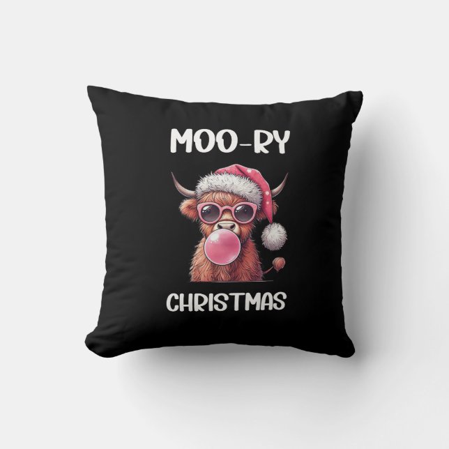 Moo-ry Christmas Scottish Higland Cow Throw Pillow (Front)
