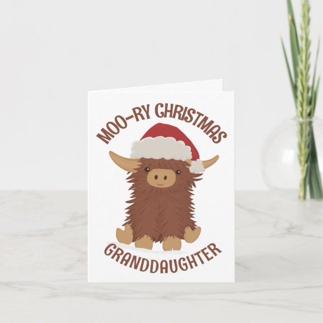 Moo-ry Christmas shaggy Highland cow Granddaughter Card (Front)