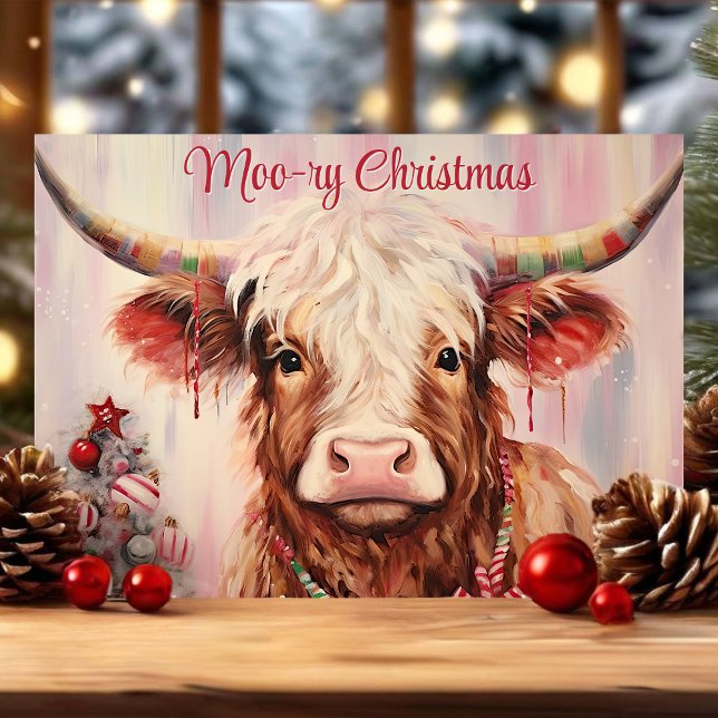 Moo-ry Christmas Watercolor Highland Cow Holiday Card (Creator Uploaded)