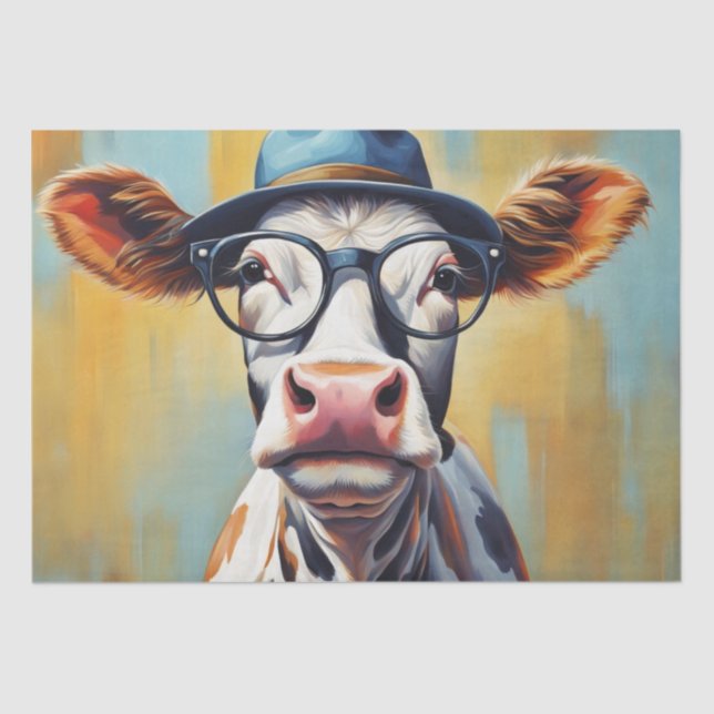 Moo-tiful Style: Cow in Hat and Glasses Decoupage Tissue Paper (Front)