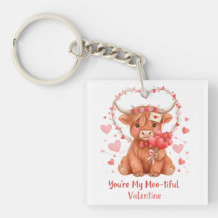Moo-tiful Valentine Cute Watercolor Highland Cow Keychain