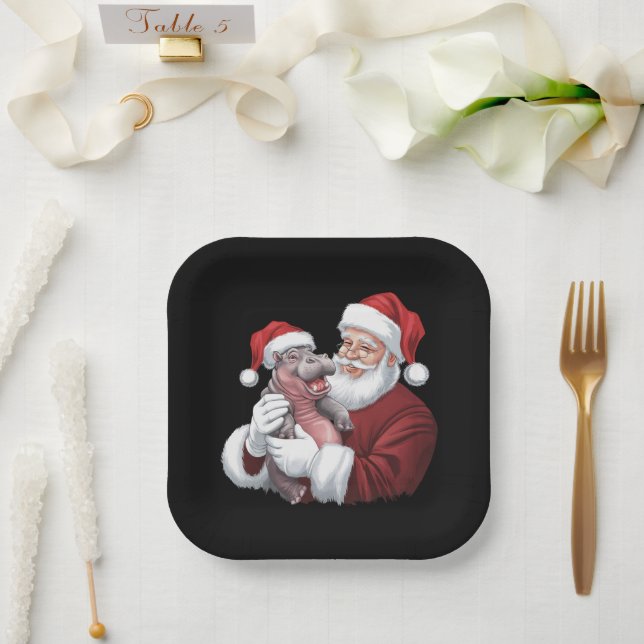 Moodeng Christmas Funny Vintage Santa Claus Paper Plates (Wedding)