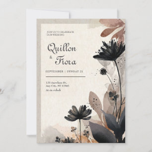 Moody Abstract Black Floral Terracotta Wedding Invitation