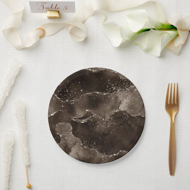 Moody Agate | Coffee Brown Golden Bronze Taupe Paper Plates (Wedding)