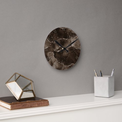 Moody Agate  Coffee Brown Golden Bronze Taupe Round Clock