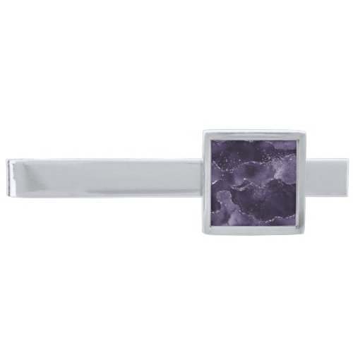 Moody Agate  Midnight Indigo Deep Purple Glam Silver Finish Tie Bar