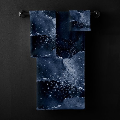 Moody Agate  Navy Denim Steel Blue Faux Glitter Bath Towel Set