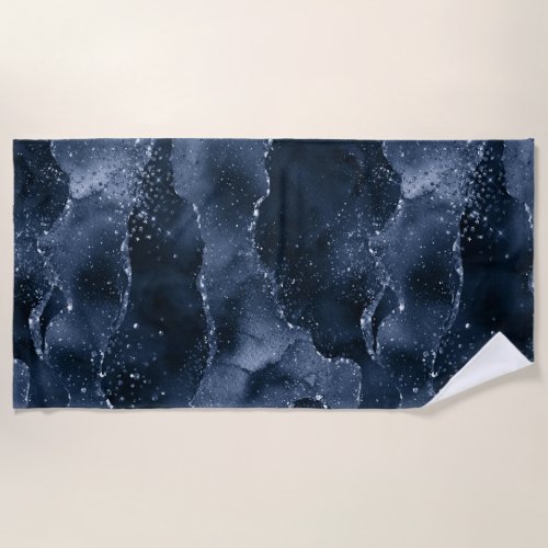 Moody Agate  Navy Denim Steel Blue Faux Glitter Beach Towel