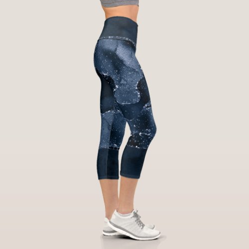 Moody Agate  Navy Denim Steel Blue Faux Glitter Capri Leggings