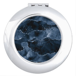 Moody Agate Navy Denim Steel Blue Faux Glitter Compact Mirror