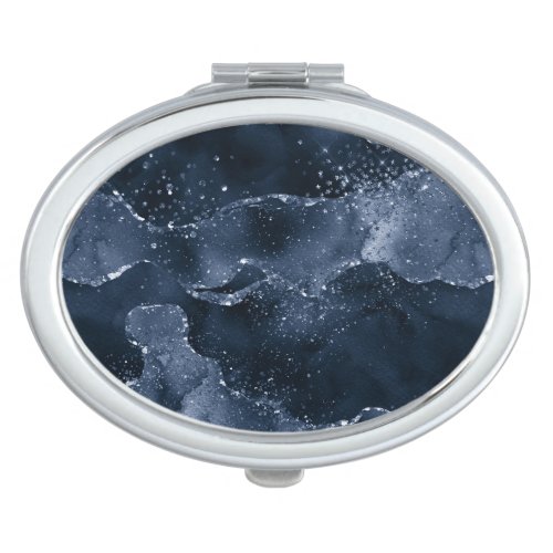 Moody Agate  Navy Denim Steel Blue Faux Glitter Compact Mirror