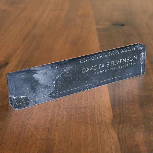 Moody Agate  Navy Denim Steel Blue Faux Glitter Desk Name Plate