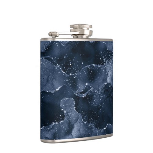 Moody Agate  Navy Denim Steel Blue Faux Glitter Flask
