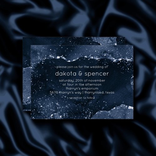 Moody Agate  Navy Denim Steel Blue Faux Glitter Invitation