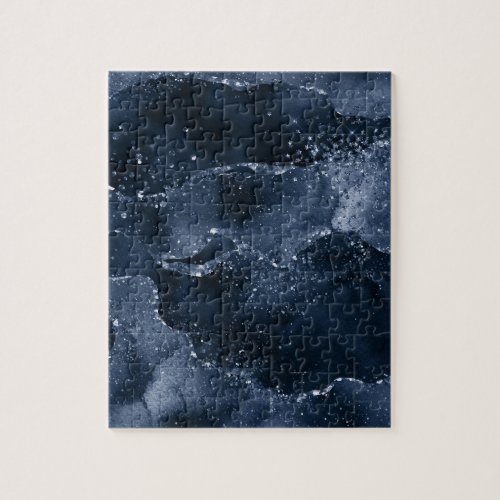 Moody Agate  Navy Denim Steel Blue Faux Glitter Jigsaw Puzzle