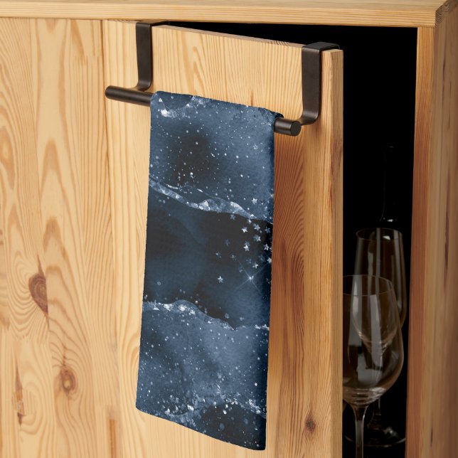 Moody Agate | Navy Denim Steel Blue Faux Glitter Kitchen Towel (Thirds Fold)