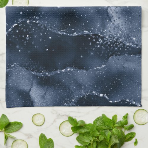 Moody Agate  Navy Denim Steel Blue Faux Glitter Kitchen Towel