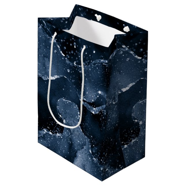 Moody Agate | Navy Denim Steel Blue Faux Glitter Medium Gift Bag (Front Angled)