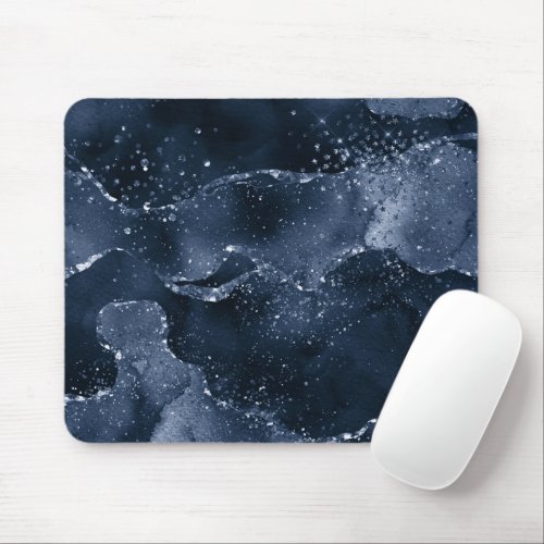 Moody Agate  Navy Denim Steel Blue Faux Glitter Mouse Pad