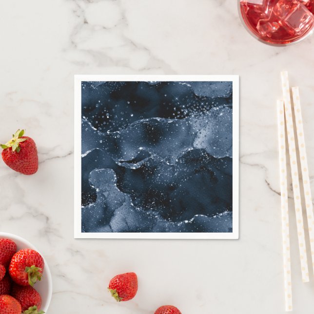 Moody Agate | Navy Denim Steel Blue Faux Glitter Napkins (Insitu)