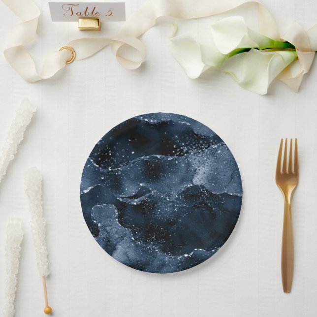Moody Agate | Navy Denim Steel Blue Faux Glitter Paper Plates (Wedding)