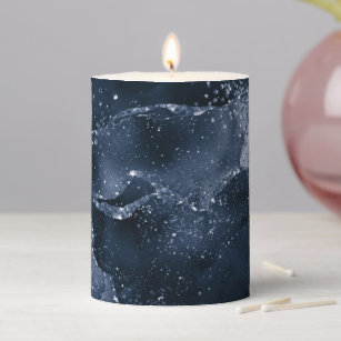 Moody Agate   Navy Denim Steel Blue Faux Glitter Pillar Candle