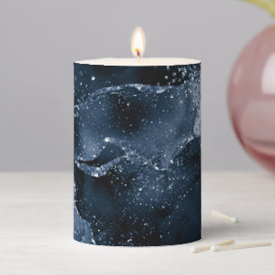 Moody Agate   Navy Denim Steel Blue Faux Glitter Pillar Candle