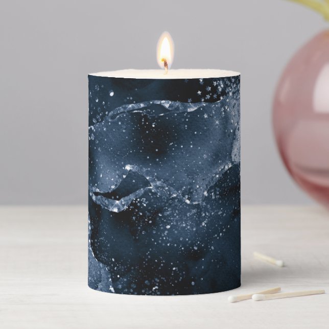 Moody Agate | Navy Denim Steel Blue Faux Glitter Pillar Candle (In Situ)