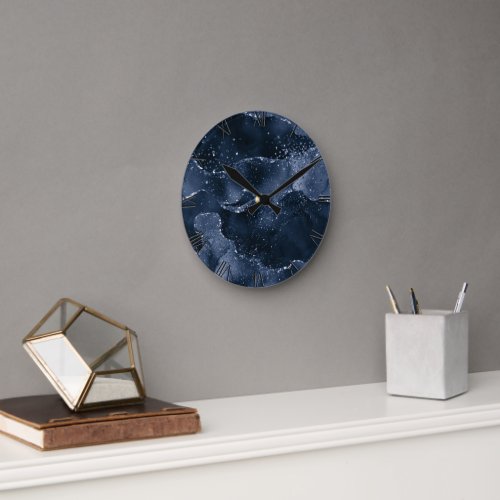 Moody Agate  Navy Denim Steel Blue Faux Glitter Round Clock