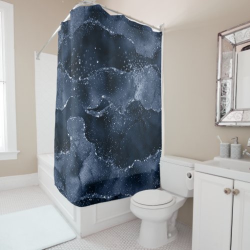 Moody Agate  Navy Denim Steel Blue Faux Glitter Shower Curtain