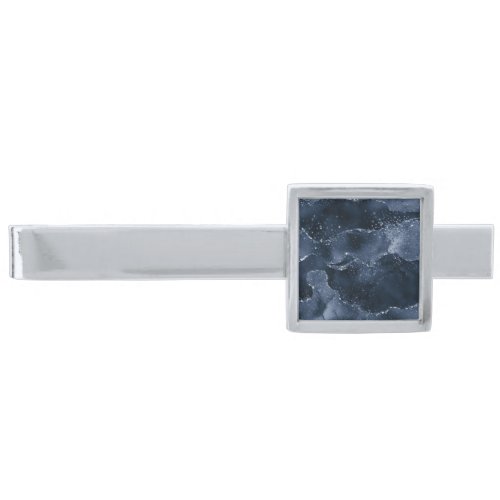 Moody Agate  Navy Denim Steel Blue Faux Glitter Silver Finish Tie Bar