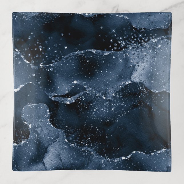 Moody Agate | Navy Denim Steel Blue Faux Glitter Trinket Tray (Front)