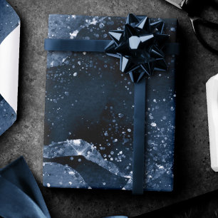 Moody Agate Navy Denim Steel Blue Faux Glitter Wrapping Paper