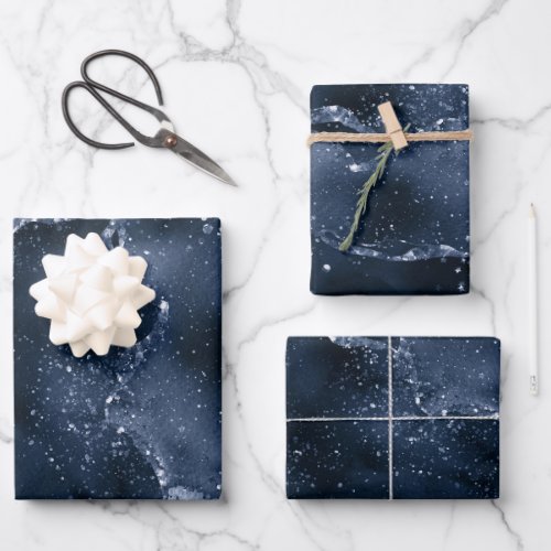 Moody Agate  Navy Denim Steel Blue Faux Glitter Wrapping Paper Sheets