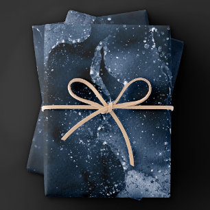 Moody Agate   Navy Denim Steel Blue Faux Glitter Wrapping Paper Sheets