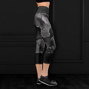 Moody Agate Onyx Black Silver Vampy Goth Glitter Capri Leggings