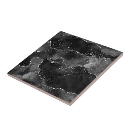 Moody Agate  Onyx Black Silver Vampy Goth Glitter Ceramic Tile