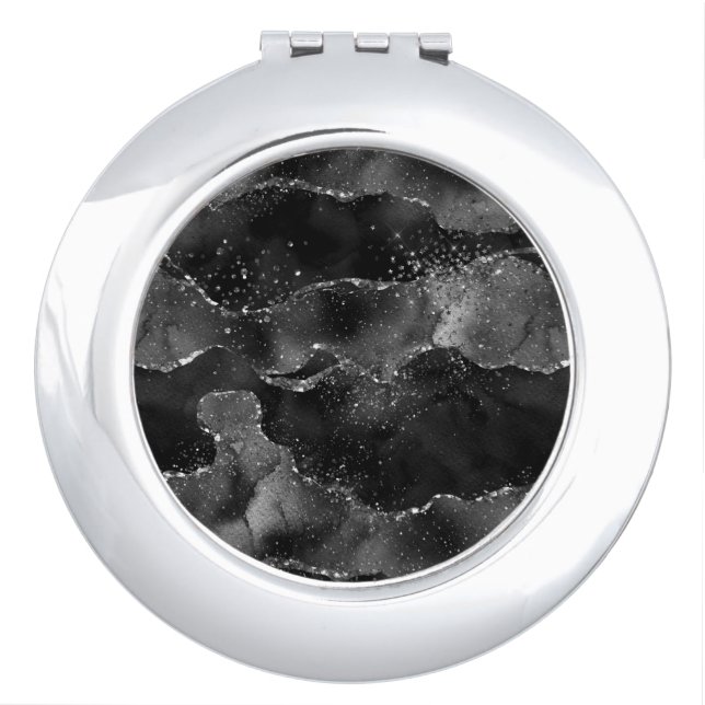 Moody Agate | Onyx Black Silver Vampy Goth Glitter Compact Mirror (Front)