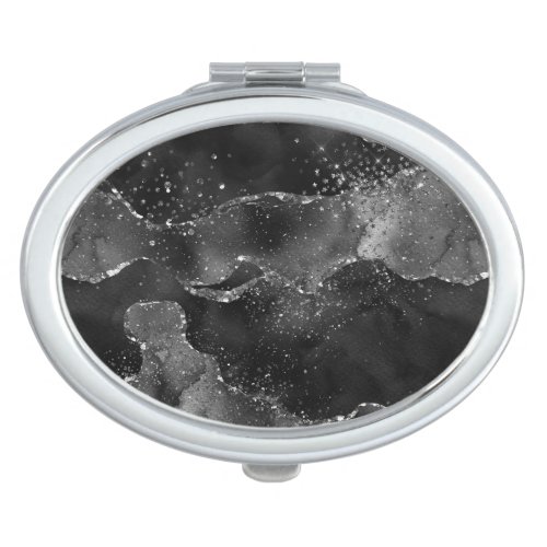 Moody Agate  Onyx Black Silver Vampy Goth Glitter Compact Mirror