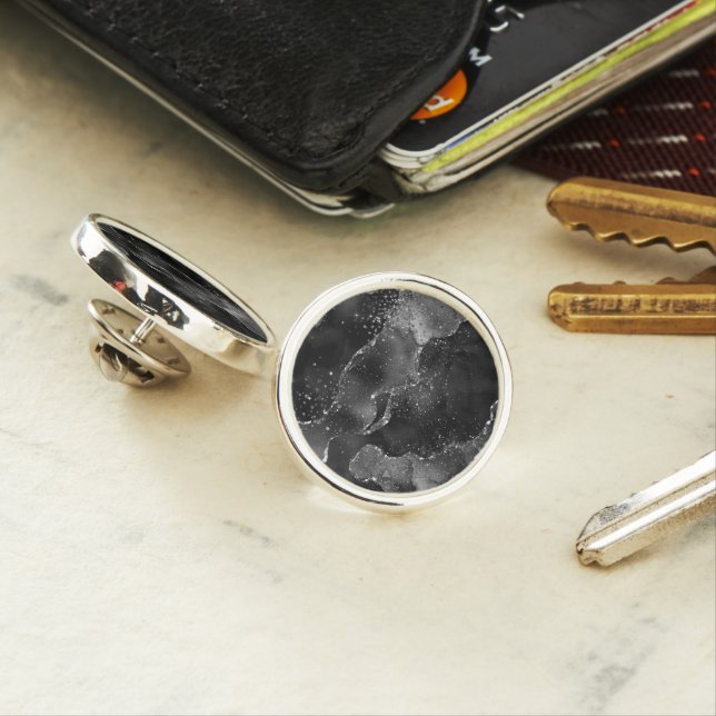 Moody Agate | Onyx Black Silver Vampy Goth Glitter Lapel Pin (In Situ)