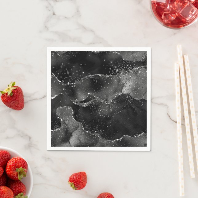 Moody Agate | Onyx Black Silver Vampy Goth Glitter Napkins (Insitu)
