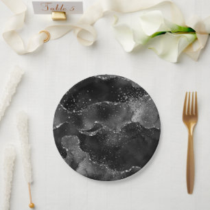 Moody Agate Onyx Black Silver Vampy Goth Glitter Paper Plates
