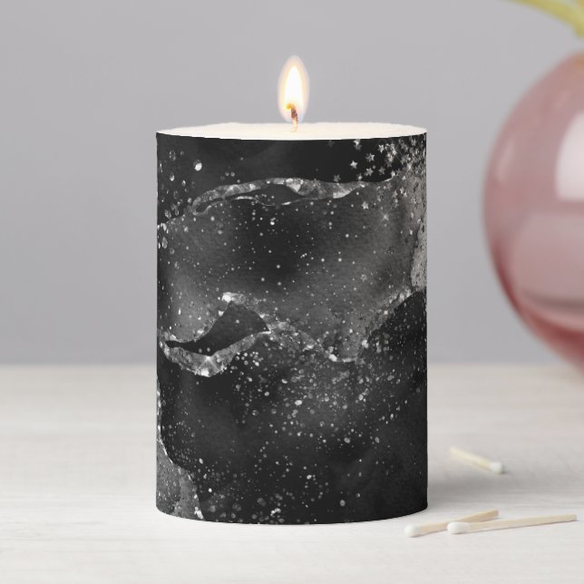 Moody Agate | Onyx Black Silver Vampy Goth Glitter Pillar Candle (In Situ)