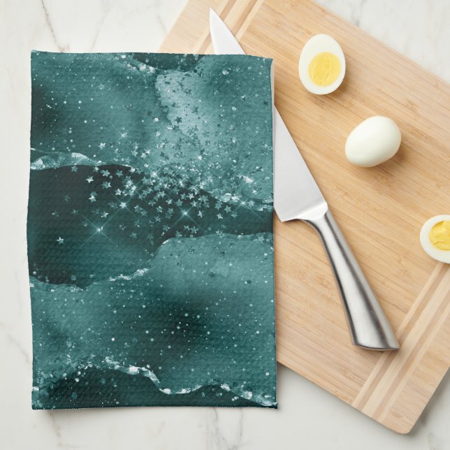 Moody Agate | Teal Green Malachite Rich Jewel Tone Kitchen Towel (Quarter Fold)