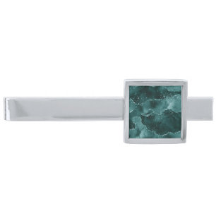 Moody Agate   Teal Green Malachite Rich Jewel Tone Silver Finish Tie Bar