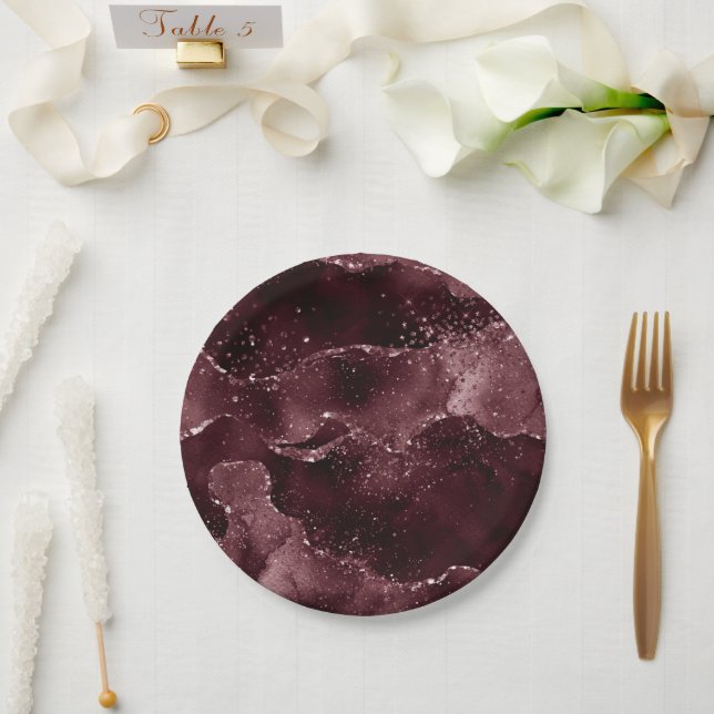 Moody Agate | Wine Bordeaux Sangria Merlot Maroon Paper Plates (Wedding)