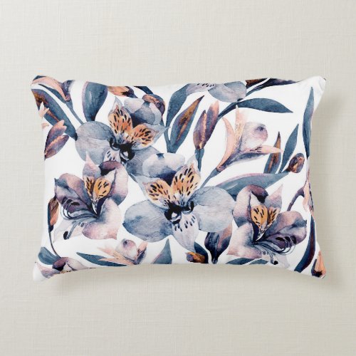 Moody Alstroemeria Watercolor Flowers Pattern Accent Pillow