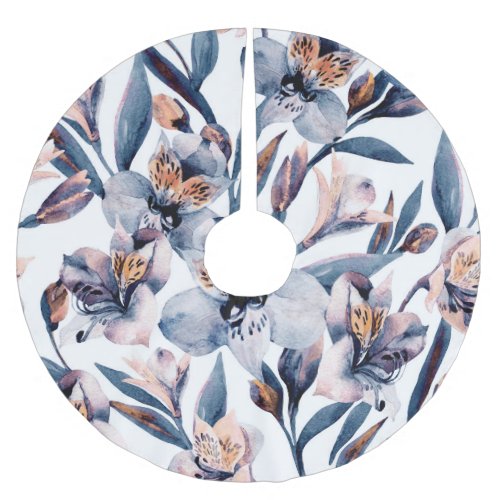 Moody Alstroemeria Watercolor Flowers Pattern Brushed Polyester Tree Skirt