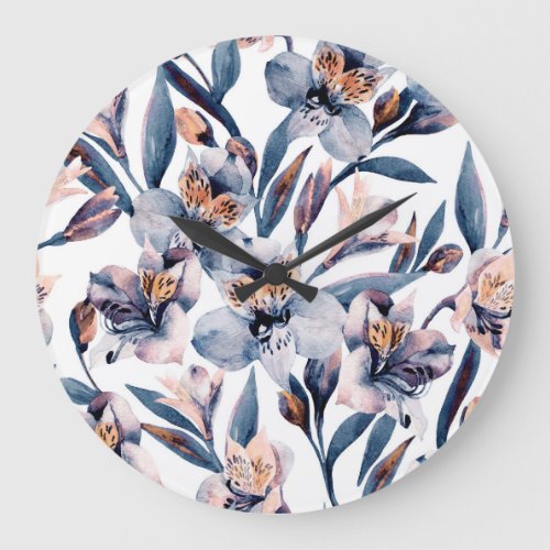 Moody Alstroemeria Watercolor Flowers Pattern Large Clock